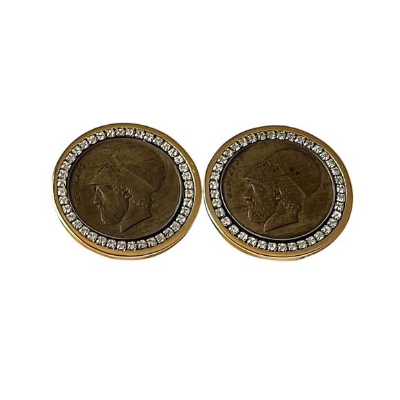 80s Les Bernard Gold Plate White Rhinestone Greek Coin Etruscan Clip-On Earrings - Picture 1 of 3